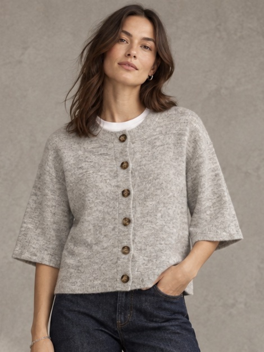Light Grey Marled Short Sleeve Button Cardigan Sweater M